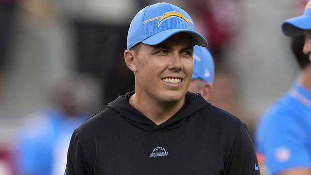 SANTA CLARA, CALIFORNIA - AUGUST 25: Offensive coordinator Kellen Moore of the Los Angeles Chargers looks on during pregame warm ups prior to playing the San Francisco 49ers in a preseason game at Levi's Stadium on August 25, 2023 in Santa Clara, California.