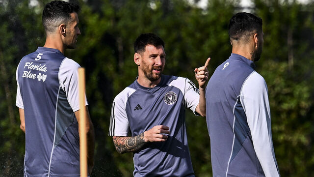(L-R) Inter Miami CF player Spanish midfielder #05 Sergio Busquets, Argentine forward #10 Lionel Messi, Uruguayan forward #09 Luis Suarez, train with teammates during a training session at the Florida Blue Training Center next to DRV PNK Stadium in Fort Lauderdale, Florida, on January 24, 2024. Inter Miami CF will travel to Asia this upcoming February for the Club's first-ever international tour. The team will play a match in Riyadh, Hong Kong and Tokyo, as part of the tour.