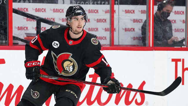 OTTAWA, ON - APRIL 26: Alex Formenton #10 of the Ottawa Senators skates against the New Jersey Devils at Canadian Tire Centre on April 26, 2022 in Ottawa, Ontario, Canada.