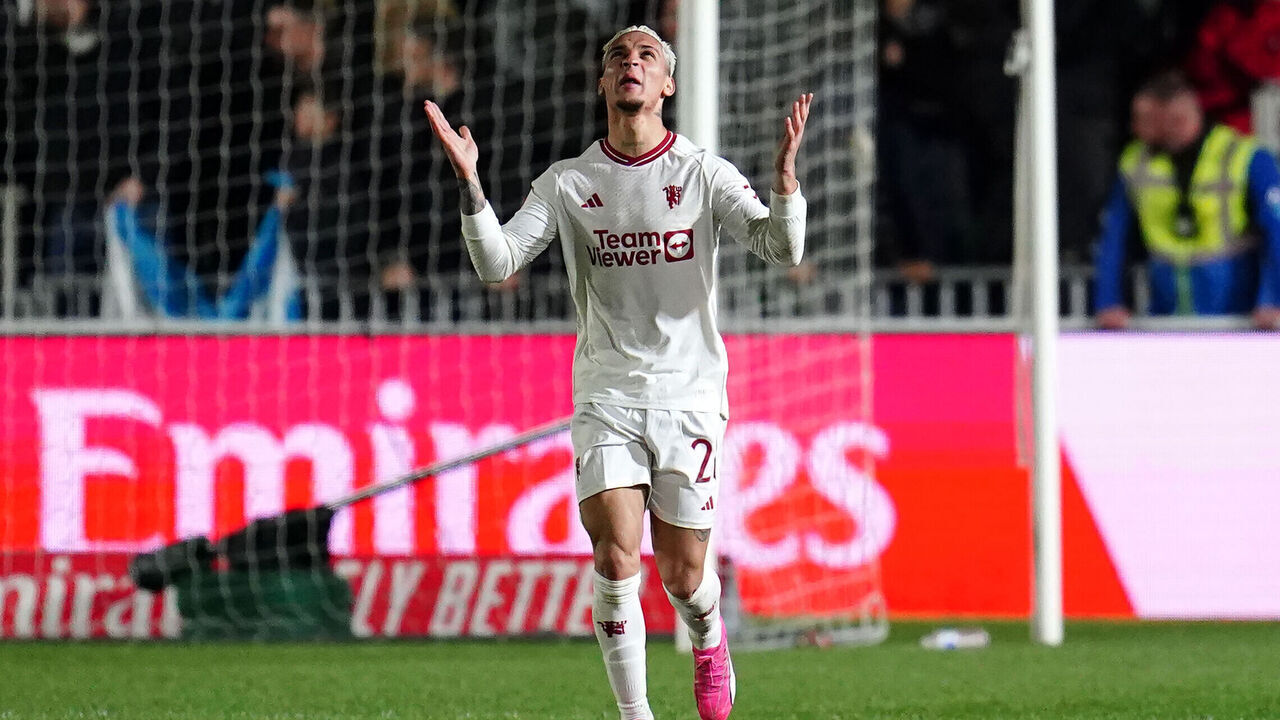 Manchester United's Antony celebrates scoring their side's third goal of the game during the Emirates FA Cup fourth round match at Rodney Parade, Newport. Picture date: Sunday January 28, 2024.