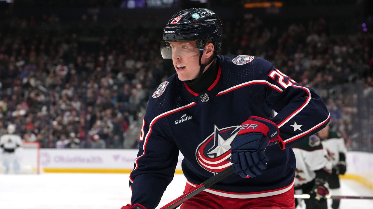 COLUMBUS, OHIO - NOVEMBER 16: Patrik Laine #29 of the Columbus Blue Jackets skates during the first period against the Arizona Coyotes at Nationwide Arena on November 16, 2023 in Columbus, Ohio.