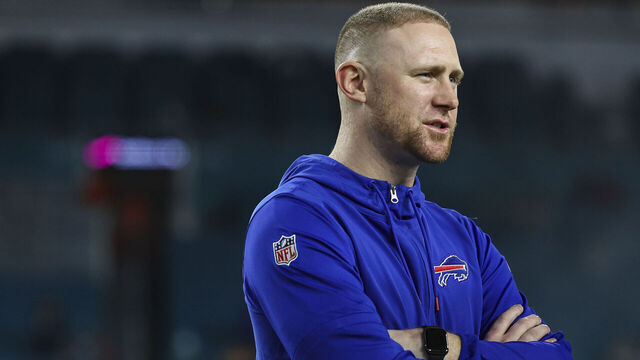 MIAMI GARDENS, FL - JANUARY 07: Buffalo Bills coach Joe Brady looks on from the field prior to an NFL football game against the Miami Dolphins at Hard Rock Stadium on January 7, 2024 in Miami Gardens, Florida.