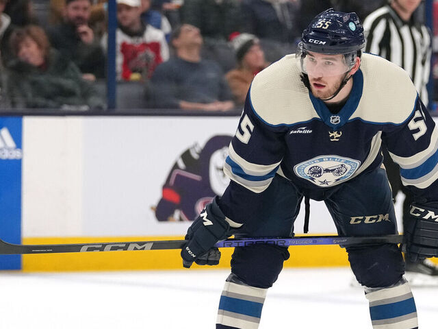 COLUMBUS, OH - DECEMBER 21: David Jiricek #55 of the Columbus Blue Jackets takes a break during a stoppage in play against the Washington Capitals at Nationwide Arena in Columbus, Ohio on December 21, 2023.