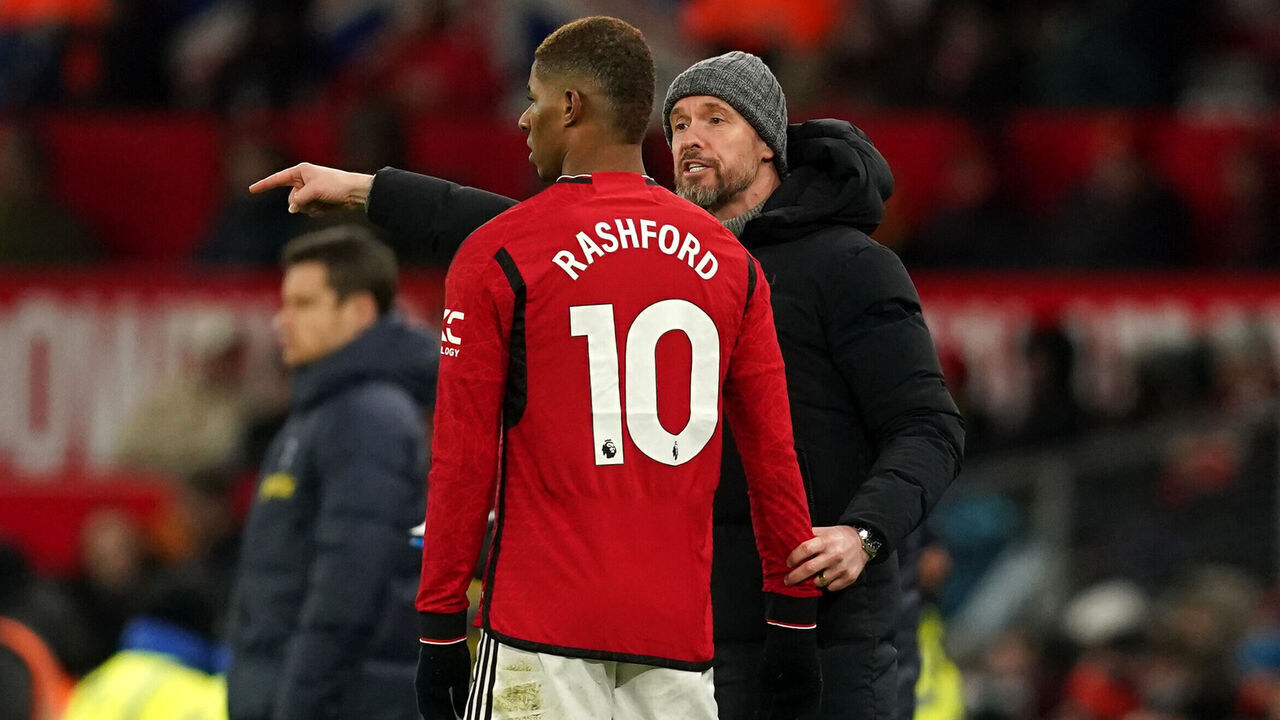 Manchester United's Marcus Rashford with manager Erik ten Hag on the touchline during the Premier League match at Old Trafford, Manchester. Picture date: Sunday January 14, 2024.