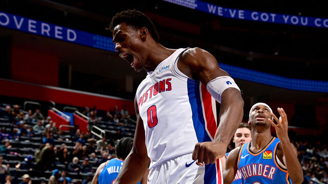 DETROIT, MI - JANUARY 28: Jalen Duren #0 of the Detroit Pistons celebrates during the game against the Oklahoma City Thunder on January 28, 2024 at Little Caesars Arena in Detroit, Michigan. NOTE TO USER: User expressly acknowledges and agrees that, by downloading and/or using this photograph, User is consenting to the terms and conditions of the Getty Images License Agreement. Mandatory Copyright Notice: Copyright 2024 NBAE
