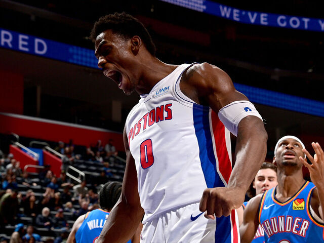 DETROIT, MI - JANUARY 28: Jalen Duren #0 of the Detroit Pistons celebrates during the game against the Oklahoma City Thunder on January 28, 2024 at Little Caesars Arena in Detroit, Michigan. NOTE TO USER: User expressly acknowledges and agrees that, by downloading and/or using this photograph, User is consenting to the terms and conditions of the Getty Images License Agreement. Mandatory Copyright Notice: Copyright 2024 NBAE
