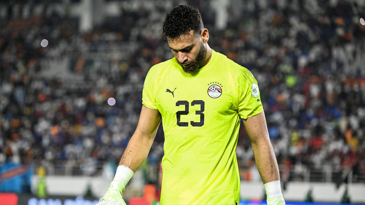 Egypt's goalkeeper #23 Mohamed 'Gabaski' Abou Gabal reacts during the Africa Cup of Nations (CAN) 2024 round of 16 football match between Egypt and DR Congo at the Stade Laurent Pokou in San Pedro on January 28, 2024.