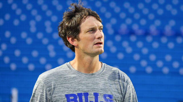 ORCHARD PARK, NEW YORK - OCTOBER 26: Offensive Coordinator Ken Dorsey of the Buffalo Bills looks on prior to a game against the Tampa Bay Buccaneers at Highmark Stadium on October 26, 2023 in Orchard Park, New York.