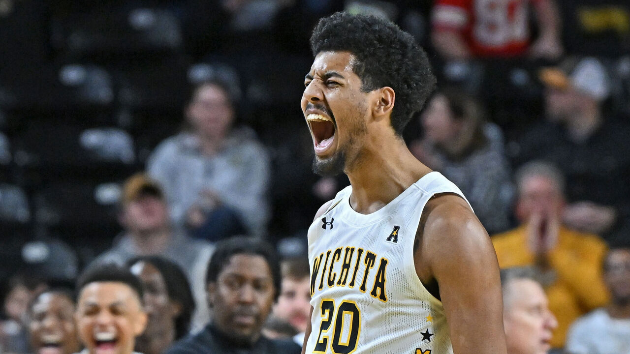 WICHITA, KS - JANUARY 28: Harlond Beverly #20 of the Wichita State Shockers reacts after a Shockers scoring run in the second half against the Southern Methodist Mustangs at Charles Koch Arena on January 28, 2024 in Wichita, Kansas.