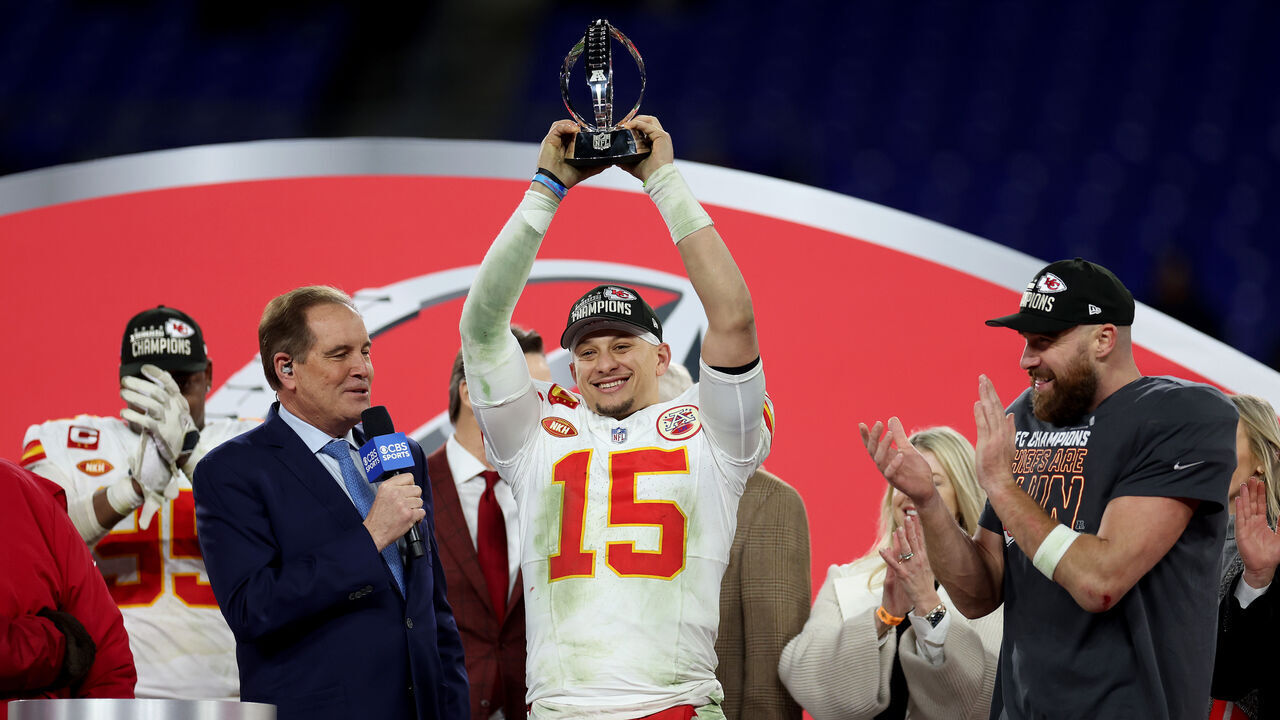 BALTIMORE, MARYLAND - JANUARY 28: Patrick Mahomes #15 of the Kansas City Chiefs celebrates with the Lamar Hunt Trophy after a 17-10 victory against the Baltimore Ravens in the AFC Championship Game at M&T Bank Stadium on January 28, 2024 in Baltimore, Maryland.