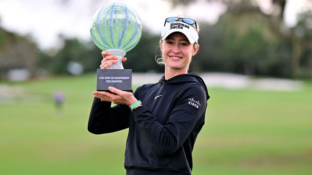 BRADENTON, FLORIDA - JANUARY 28: Nelly Korda of the United States poses with the championship trophy after a victory on the second play-off hole during the final round of the LPGA Drive On Championship at Bradenton Country Club on January 28, 2024 in Bradenton, Florida.