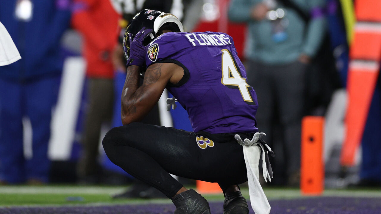 BALTIMORE, MARYLAND - JANUARY 28: Zay Flowers #4 of the Baltimore Ravens reacts after fumbling on the goal line against the Kansas City Chiefs during the fourth quarter in the AFC Championship Game at M&T Bank Stadium on January 28, 2024 in Baltimore, Maryland.