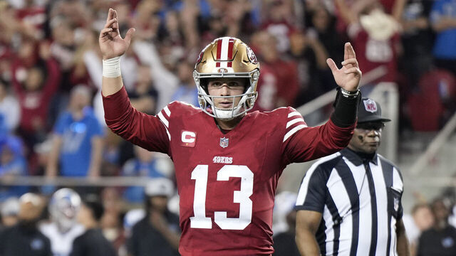 SANTA CLARA, CALIFORNIA - JANUARY 28: Brock Purdy #13 of the San Francisco 49ers reacts after a touchdown during the fourth quarter against the Detroit Lions in the NFC Championship Game at Levi's Stadium on January 28, 2024 in Santa Clara, California.