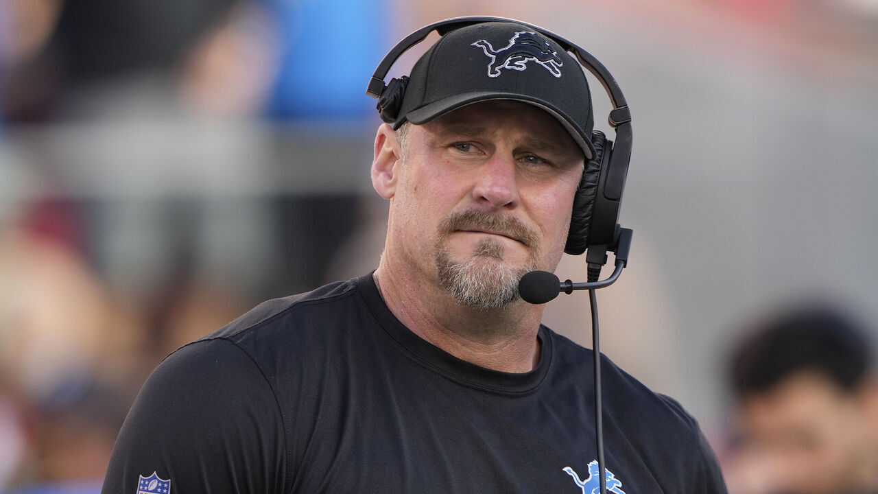 SANTA CLARA, CALIFORNIA - JANUARY 28: Head coach Dan Campbell of the Detroit Lions reacts prior to a game against the San Francisco 49ers in the NFC Championship Game at Levi's Stadium on January 28, 2024 in Santa Clara, California.