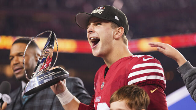 SANTA CLARA, CA - JANUARY 28: Brock Purdy #13 of the San Francisco 49ers celebrates after defeating the Detroit Lions during the NFC Championship football game at Levi's Stadium on January 28, 2024 in Santa Clara, California.