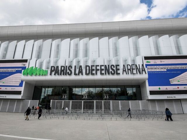 This picture taken on May 3, 2021 shows a general view of the entrance of the Covid-19 vaccination center in Paris La Defense Arena stadium in Nanterre, west of Paris.