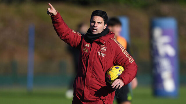 ST ALBANS, ENGLAND - JANUARY 19: Arsenal manager Mikel Arteta during a training session at London Colney on January 19, 2024 in St Albans, England.