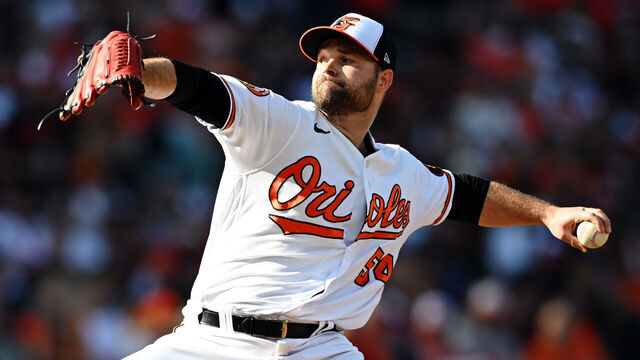 BALTIMORE, MARYLAND - OCTOBER 07: Danny Coulombe #54 of the Baltimore Orioles pitches during the fifth inning of Game One of the American League Division Series against the Texas Rangers at Oriole Park at Camden Yards on October 07, 2023 in Baltimore, Maryland.