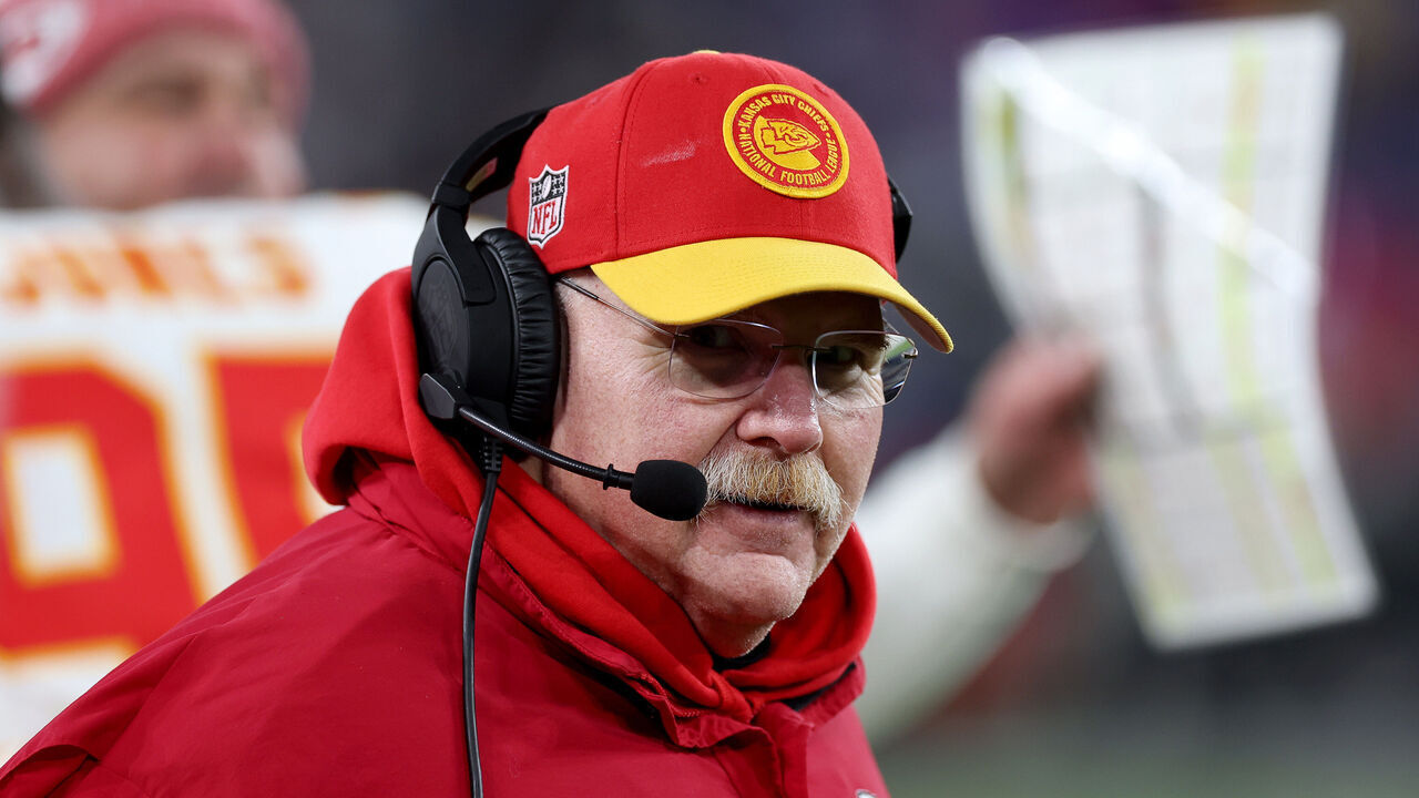 BALTIMORE, MARYLAND - JANUARY 28: Head coach Andy Reid of the Kansas City Chiefs reacts on the sideline during the fourth quarter against the Baltimore Ravens in the AFC Championship Game at M&T Bank Stadium on January 28, 2024 in Baltimore, Maryland.