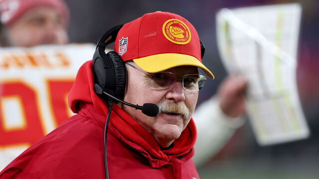 BALTIMORE, MARYLAND - JANUARY 28: Head coach Andy Reid of the Kansas City Chiefs reacts on the sideline during the fourth quarter against the Baltimore Ravens in the AFC Championship Game at M&T Bank Stadium on January 28, 2024 in Baltimore, Maryland.