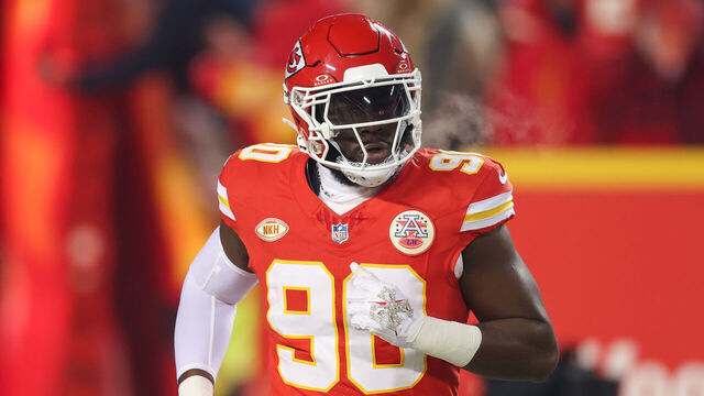 KANSAS CITY, MO - JANUARY 13: Kansas City Chiefs defensive end Charles Omenihu (90) before an AFC Wild Card playoff game between the Miami Dolphins and Kansas City Chiefs on Jan 13, 2024 at GEHA Field at Arrowhead Stadium in Kansas City, MO.