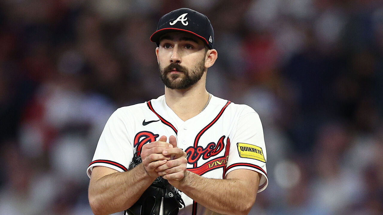 ATLANTA, GEORGIA - OCTOBER 07: Spencer Strider #99 of the Atlanta Braves looks on during the fifth inning against the Philadelphia Phillies during Game One of the Division Series at Truist Park on October 07, 2023 in Atlanta, Georgia.