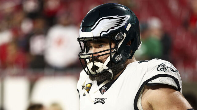 TAMPA, FL - JANUARY 15: Jason Kelce #62 of the Philadelphia Eagles looks on prior to an NFL wild-card playoff football game against the Tampa Bay Buccaneers at Raymond James Stadium on January 15, 2024 in Tampa, Florida.