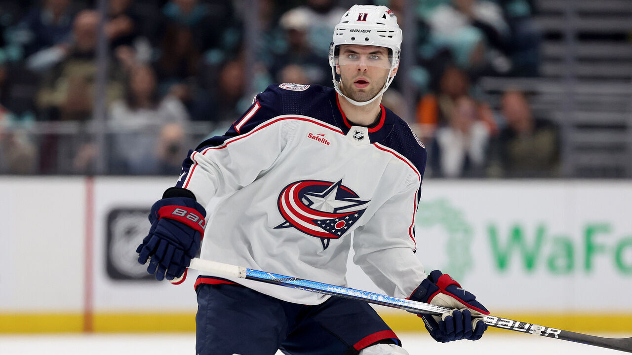 SEATTLE, WASHINGTON - JANUARY 28: Adam Fantilli #11 of the Columbus Blue Jackets skates against the Seattle Kraken during the first period at Climate Pledge Arena on January 28, 2024 in Seattle, Washington.