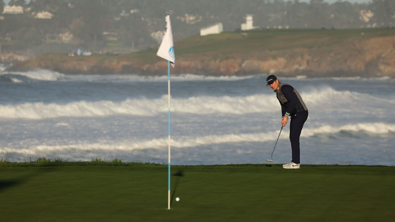 PEBBLE BEACH, CALIFORNIA - FEBRUARY 06: Justin Rose of England reacts to his putt on the 10th green during the continuation of the final round of the AT&T Pebble Beach Pro-Am at Pebble Beach Golf Links on February 06, 2023 in Pebble Beach, California.