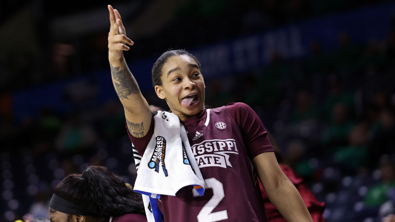 SOUTH BEND, IN - MARCH 17: JerKaila Jordan #2 of the Mississippi State Bulldogs reacts toward points being scored against the Creighton Bluejays during the first round of the 2023 NCAA Women's Basketball Tournament held at Purcell Pavilion on March 17, 2023 in South Bend, Indiana.