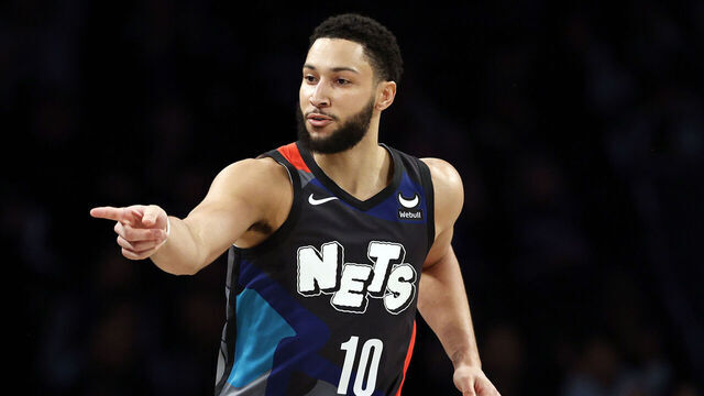 NEW YORK, NEW YORK - JANUARY 29: Ben Simmons #10 of the Brooklyn Nets reacts after scoring during the first half against the Utah Jazz at Barclays Center on January 29, 2024 in the Brooklyn borough of New York City. NOTE TO USER: User expressly acknowledges and agrees that, by downloading and/or using this Photograph, user is consenting to the terms and conditions of the Getty Images License Agreement.