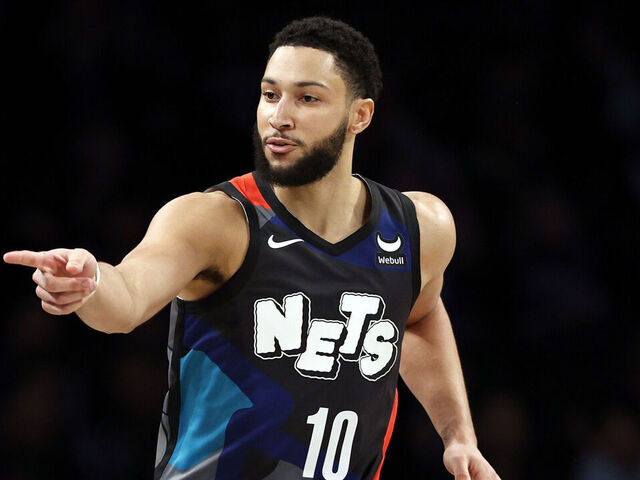 NEW YORK, NEW YORK - JANUARY 29: Ben Simmons #10 of the Brooklyn Nets reacts after scoring during the first half against the Utah Jazz at Barclays Center on January 29, 2024 in the Brooklyn borough of New York City. NOTE TO USER: User expressly acknowledges and agrees that, by downloading and/or using this Photograph, user is consenting to the terms and conditions of the Getty Images License Agreement.