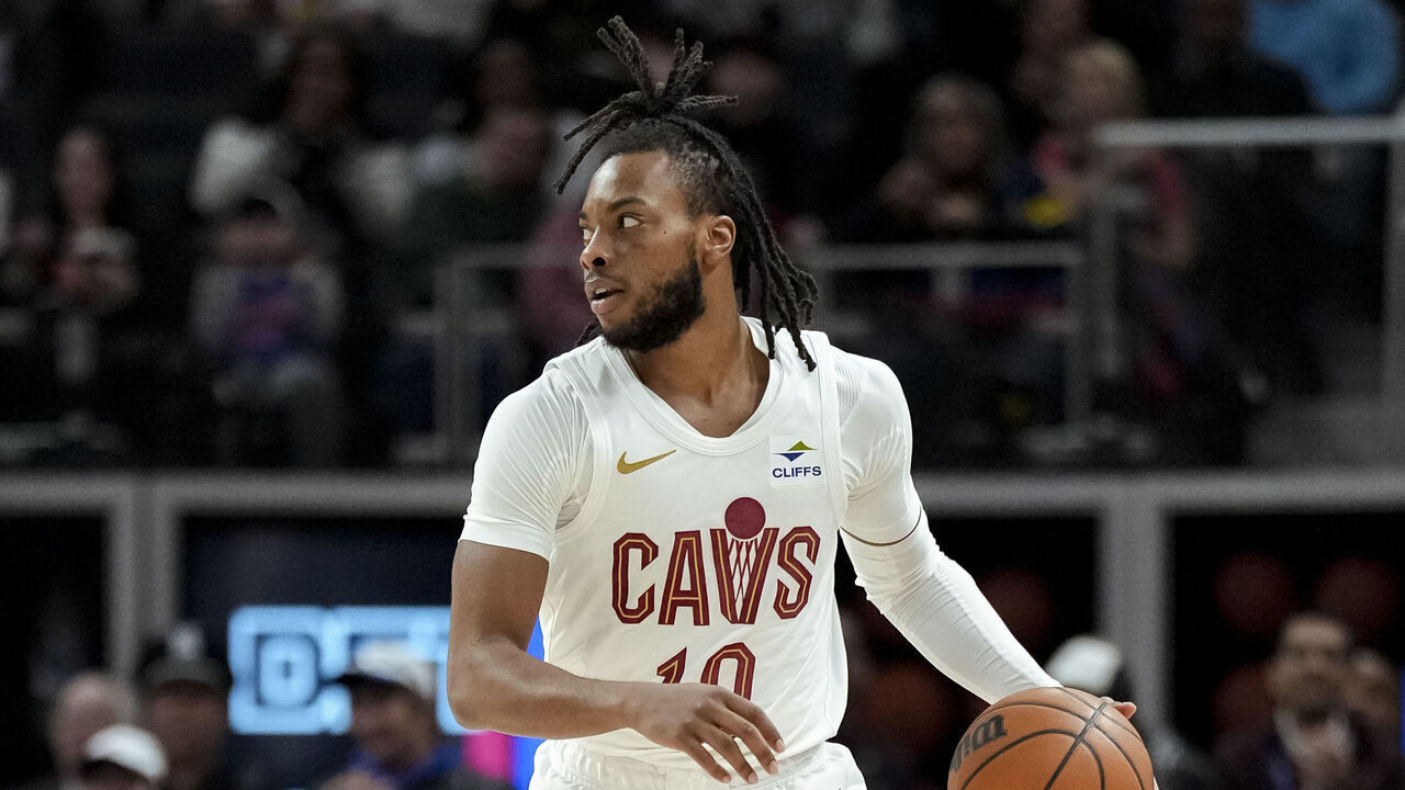 DETROIT, MICHIGAN - DECEMBER 02: Darius Garland #10 of the Cleveland Cavaliers handles the ball against the Detroit Pistons at Little Caesars Arena on December 02, 2023 in Detroit, Michigan.