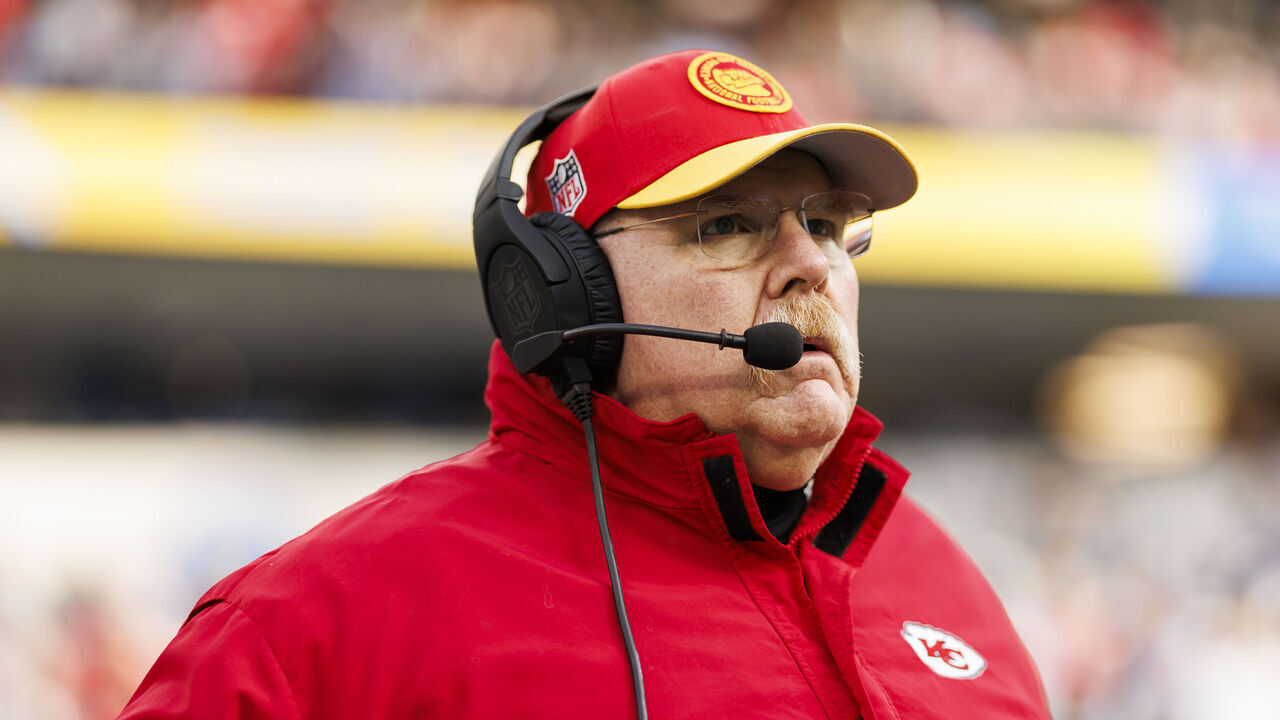 INGLEWOOD, CALIFORNIA - JANUARY 07: Andy Reid of the Kansas City Chiefs looks on from the sideline before an NFL football game against the Los Angeles Chargers at SoFi Stadium on January 7, 2024 in Inglewood, California.