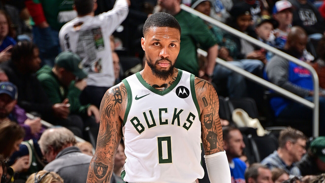 DETROIT, MI - JANUARY 20: Damian Lillard #0 of the Milwaukee Bucks looks on during the game against the Detroit Pistons on January 20, 2024 at Little Caesars Arena in Detroit, Michigan. NOTE TO USER: User expressly acknowledges and agrees that, by downloading and/or using this photograph, User is consenting to the terms and conditions of the Getty Images License Agreement. Mandatory Copyright Notice: Copyright 2024 NBAE