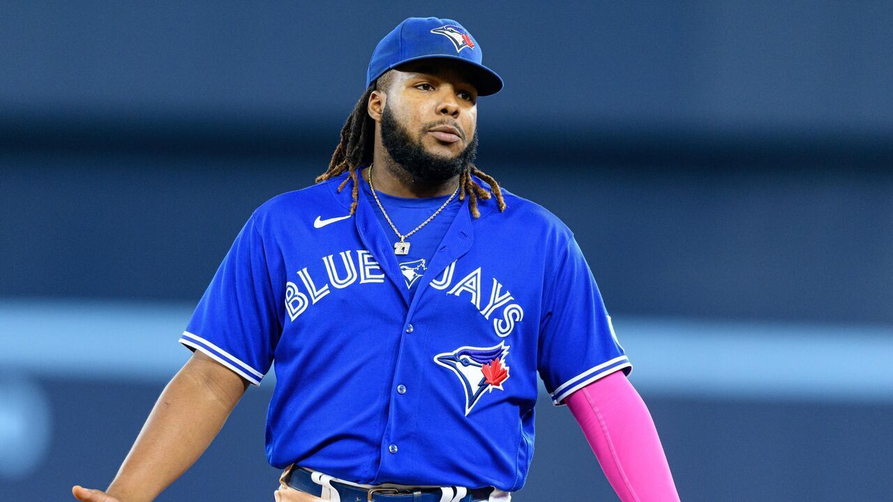 TORONTO, ON - SEPTEMBER 26: Toronto Blue Jays First base Vladimir Guerrero Jr. (27) reacts during the MLB baseball regular season game between the New York Yankees and the Toronto Blue Jays on September 26, 2023, at Rogers Centre in Toronto, ON, Canada.