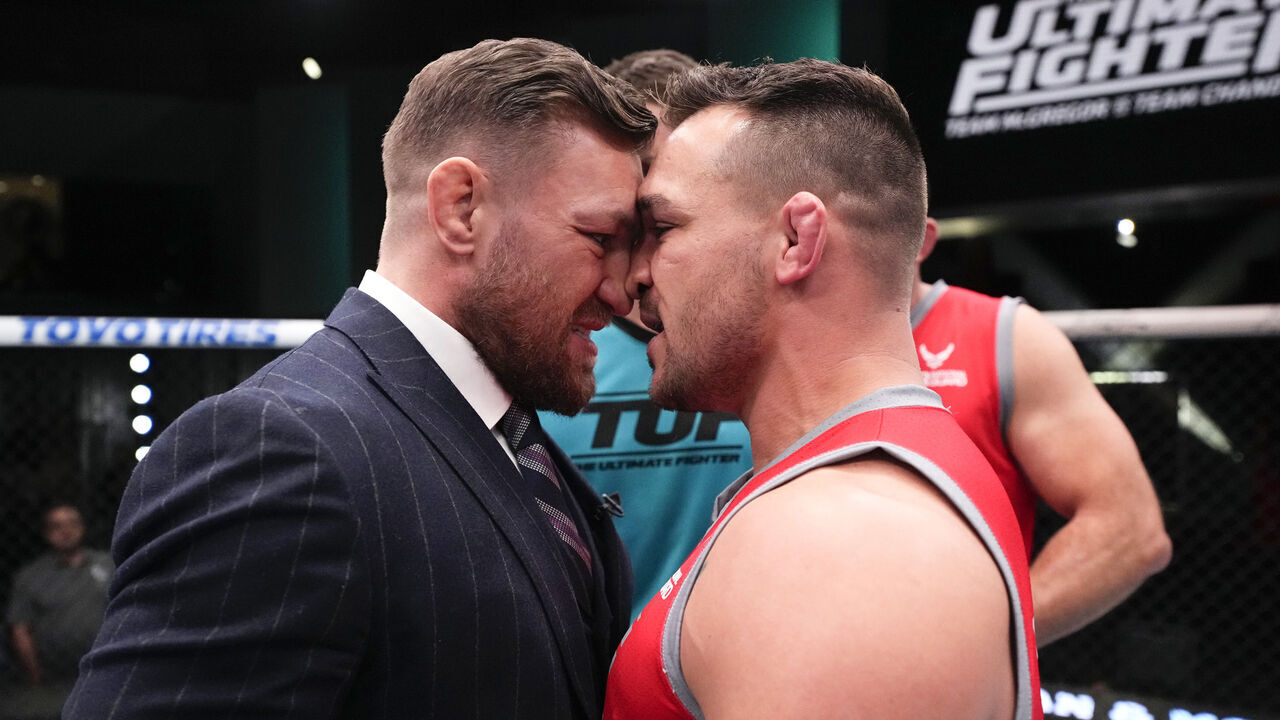 LAS VEGAS, NEVADA - MARCH 03: (L-R) Conor McGregor and Michael Chandler face off during the filming of The Ultimate Fighter at UFC APEX on March 3, 2023 in Las Vegas, Nevada.