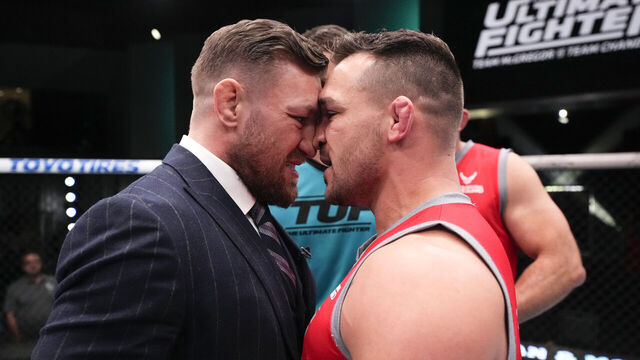 LAS VEGAS, NEVADA - MARCH 03: (L-R) Conor McGregor and Michael Chandler face off during the filming of The Ultimate Fighter at UFC APEX on March 3, 2023 in Las Vegas, Nevada.