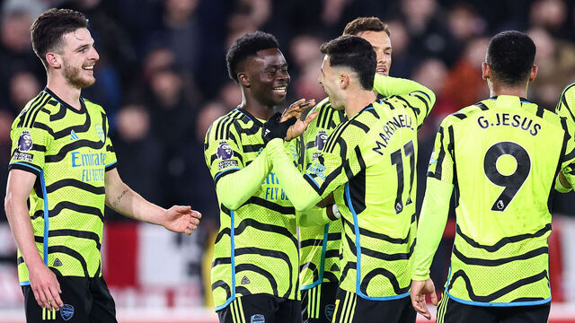 NOTTINGHAM, ENGLAND - JANUARY 30: Bukayo Saka of Arsenal celebrates scoring their 2nd goal with his teammates during the Premier League match between Nottingham Forest and Arsenal FC at City Ground on January 30, 2024 in Nottingham, England.
