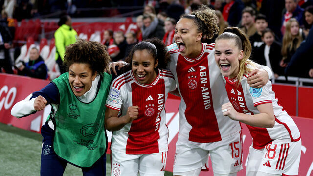 AMSTERDAM, NETHERLANDS - JANUARY 30: (L-R) Isabelle Hoekstra, Ashleigh Weerden, Chasity Grant, Milicia Keijzer of Ajax celebrate after the team's victory in the UEFA Women's Champions League group stage match between AFC Ajax and AS Roma at Johan Cruijff Arena on January 30, 2024 in Amsterdam, Netherlands.