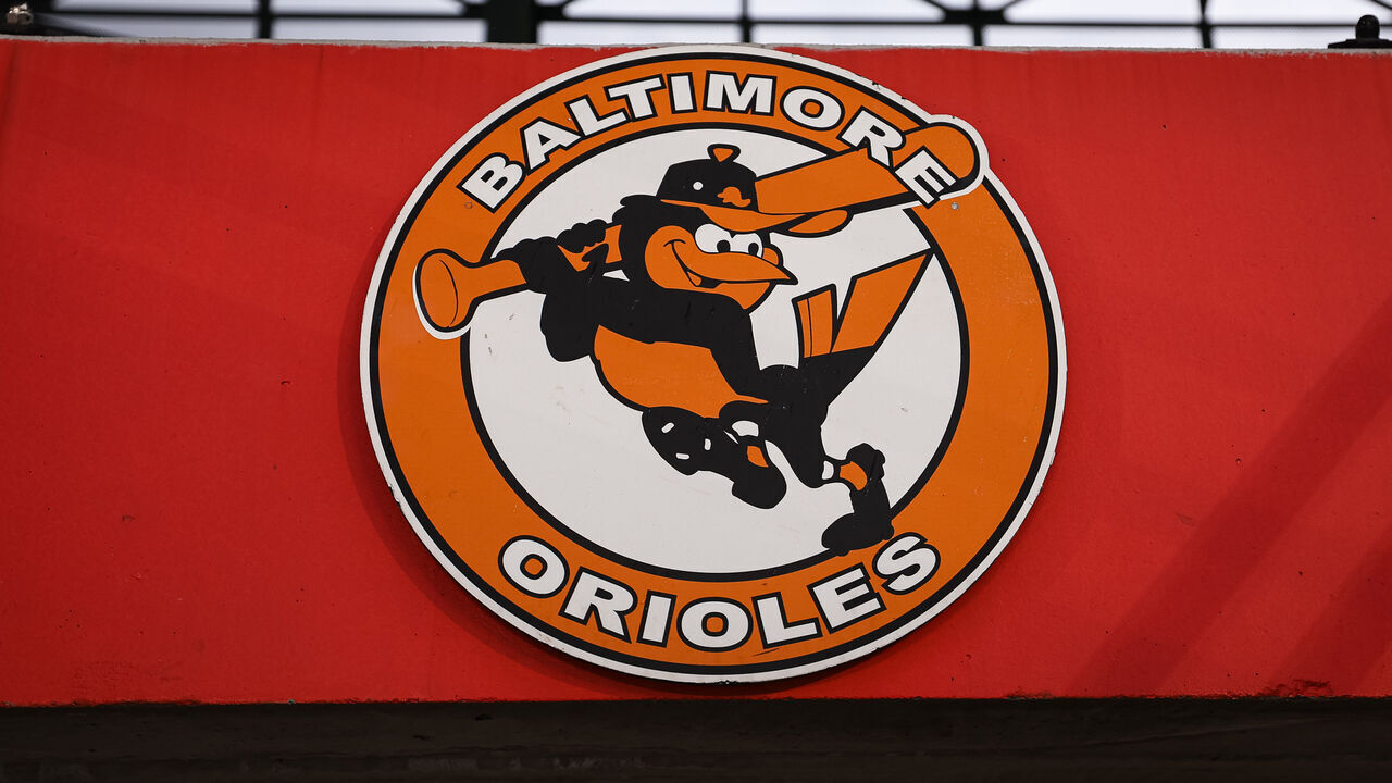 BALTIMORE, MD - JULY 14: A general view of the Baltimore Orioles logo on the stadium during the game between the Baltimore Orioles and the Miami Marlins at Oriole Park at Camden Yards on July 14, 2023 in Baltimore, Maryland.