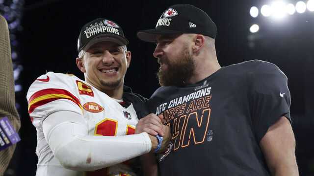 BALTIMORE, MARYLAND - JANUARY 28: Patrick Mahomes #15 and Travis Kelce #87 of the Kansas City Chiefs celebrate after the AFC championship game against the Baltimore Ravens at M&T Bank Stadium on January 28, 2024 in Baltimore, Maryland.