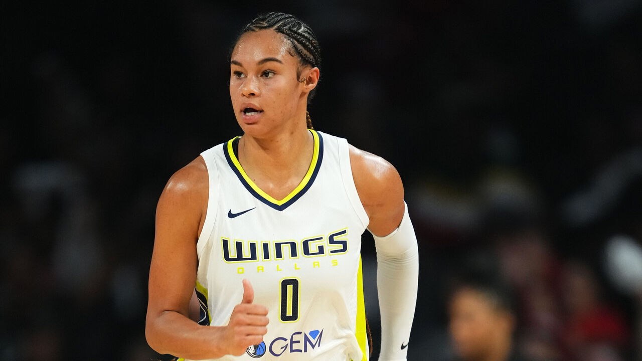 LAS VEGAS, NV - SEPTEMBER 26: Satou Sabally #0 of the Dallas Wings looks on during the game against the Las Vegas Aces during the 2023 WNBA Playoffs on September 26, 2023 at T-Mobile Arena in Las Vegas, Nevada. Mandatory Copyright Notice: Copyright 2023 NBAE