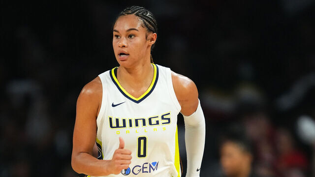 LAS VEGAS, NV - SEPTEMBER 26: Satou Sabally #0 of the Dallas Wings looks on during the game against the Las Vegas Aces during the 2023 WNBA Playoffs on September 26, 2023 at T-Mobile Arena in Las Vegas, Nevada. Mandatory Copyright Notice: Copyright 2023 NBAE