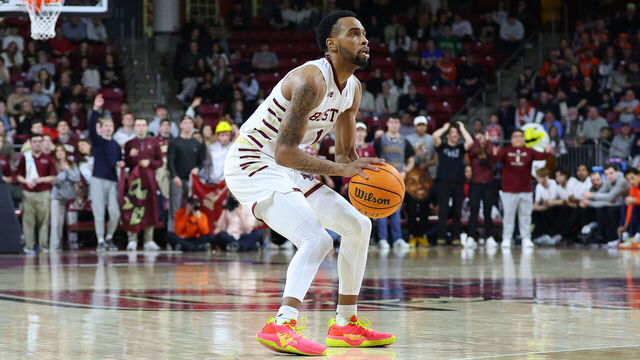 CHESTNUT HILL, MA - JANUARY 30: Boston College Eagles guard Claudell Harris Jr. (1) takes a three point shot during the college basketball game between Syracuse Orange and Boston College Eagles on January 30, 2024, at Conte Forum in Chestnut Hill, MA.