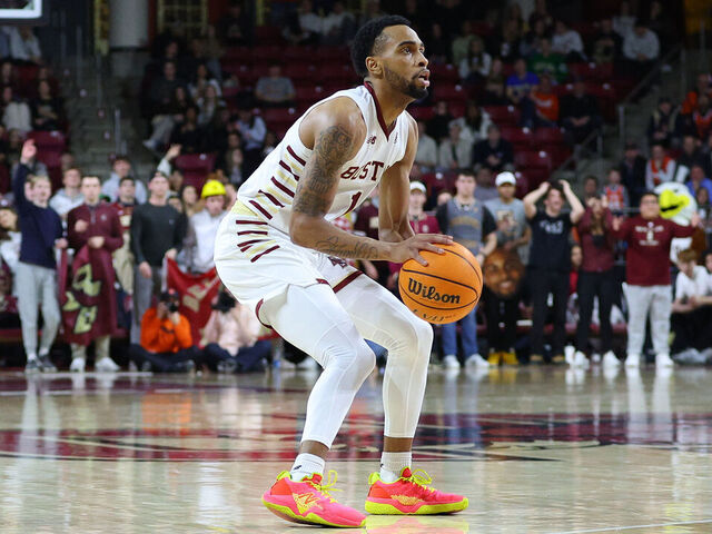 CHESTNUT HILL, MA - JANUARY 30: Boston College Eagles guard Claudell Harris Jr. (1) takes a three point shot during the college basketball game between Syracuse Orange and Boston College Eagles on January 30, 2024, at Conte Forum in Chestnut Hill, MA.