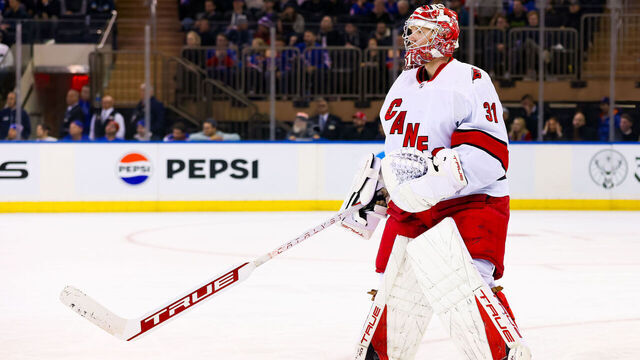 NEW YORK, NY - NOVEMBER 02: Carolina Hurricanes Goaltender Frederik Andersen(31) is pulled for an extra skater during the final minute of the National Hockey League game between the Carolina Hurricanes and the New York Rangers on November 2, 2023 at Madison Square Garden in New York, NY.