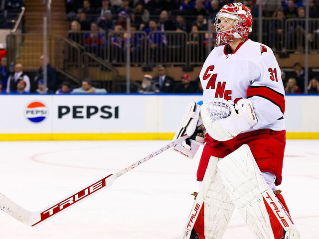 NEW YORK, NY - NOVEMBER 02: Carolina Hurricanes Goaltender Frederik Andersen(31) is pulled for an extra skater during the final minute of the National Hockey League game between the Carolina Hurricanes and the New York Rangers on November 2, 2023 at Madison Square Garden in New York, NY.