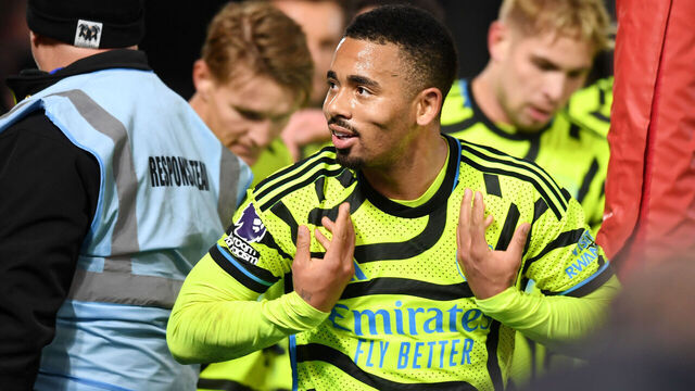 NOTTINGHAM, ENGLAND - JANUARY 30: Gabriel Jesus of Arsenal celebrates scoring his team's first goal during the Premier League match between Nottingham Forest and Arsenal FC at City Ground on January 30, 2024 in Nottingham, England.