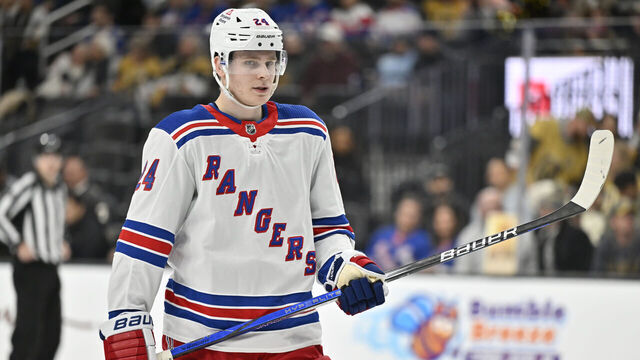 LAS VEGAS, NEVADA - JANUARY 18: Kaapo Kakko #24 of the New York Rangers looks on during the second period against the Vegas Golden Knights at T-Mobile Arena on January 18, 2024 in Las Vegas, Nevada.